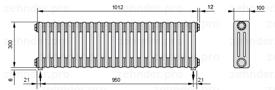 Схема (чертеж) Радиатор Zehnder Charleston 3030/22 №3570 Белый глянцевый RAL 9016